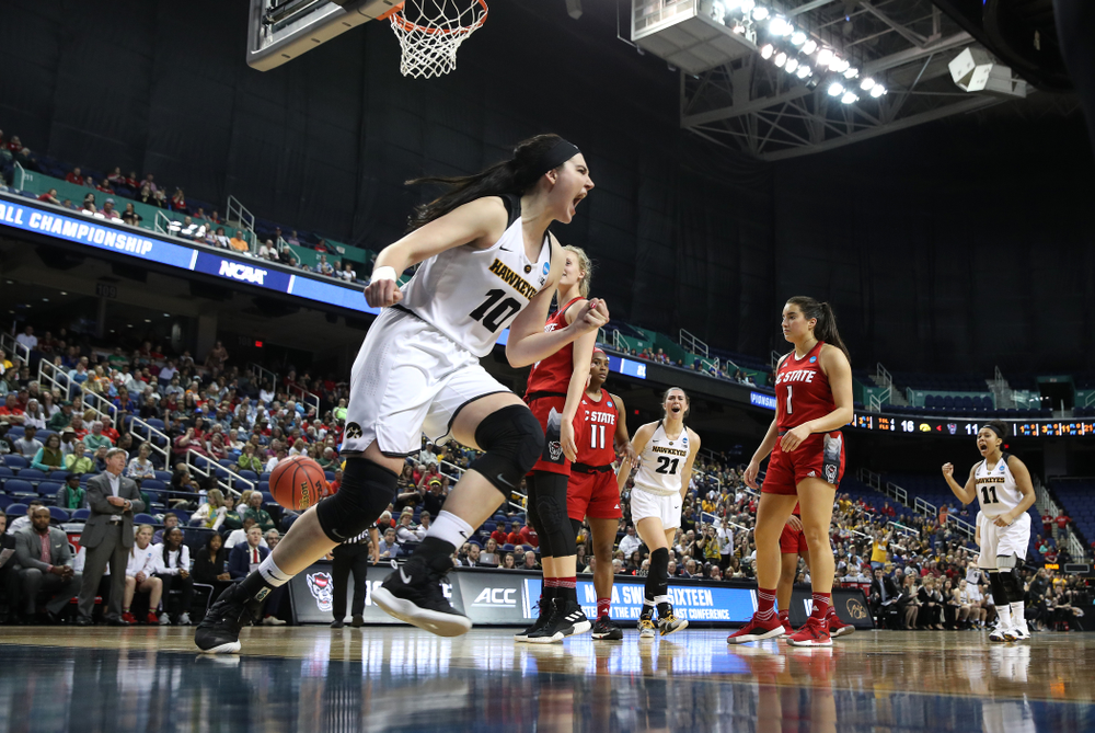 Iowa Hawkeyes forward Megan Gustafson (10) against the NC State Wolfpack in the regional semi-final of the 2019 NCAA Women's College Basketball Tournament Saturday, March 30, 2019 at Greensboro Coliseum in Greensboro, NC.(Brian Ray/hawkeyesports.com)