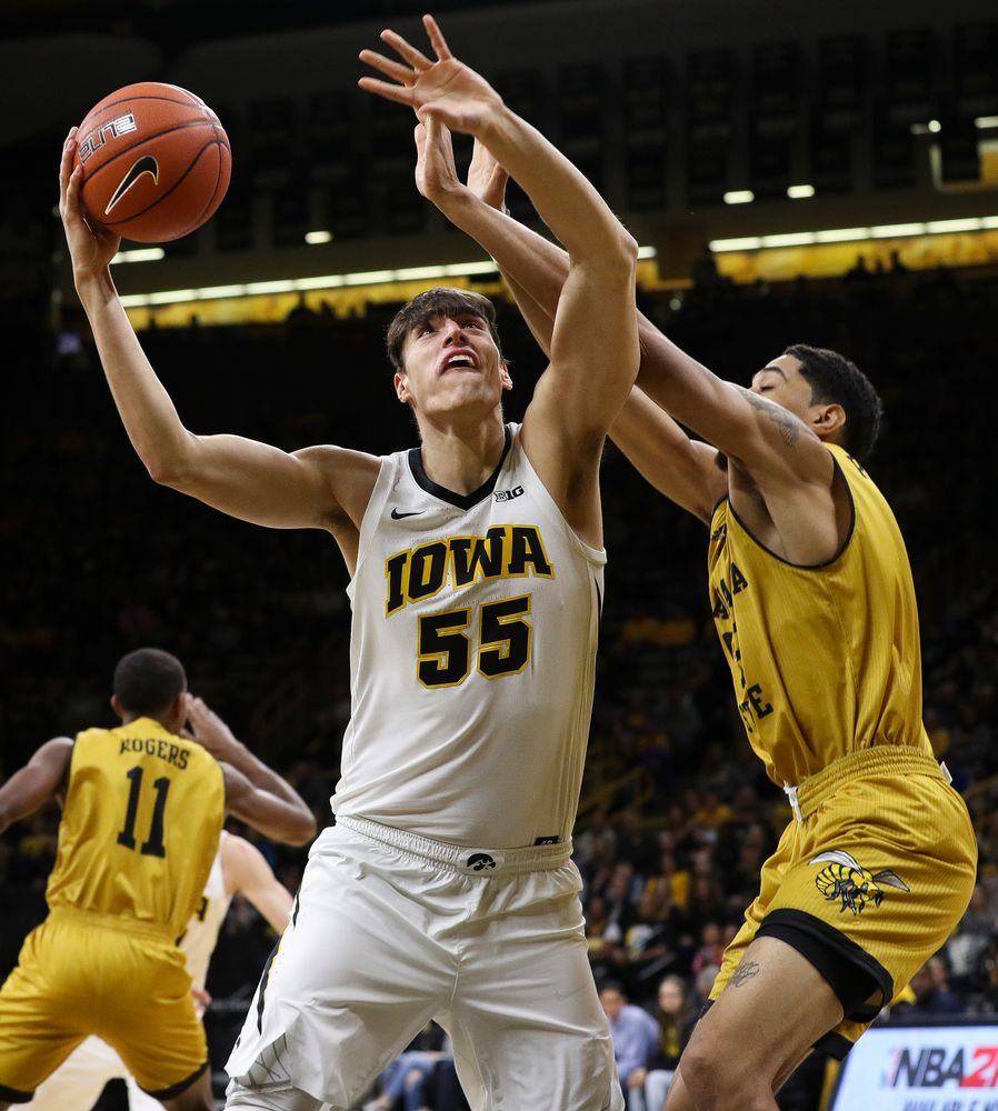 Iowa Hawkeyes forward Luka Garza (55) goes up for a layup during a game against Alabama State at Carver-Hawkeye Arena on November 21, 2018. (Tork Mason/hawkeyesports.com)