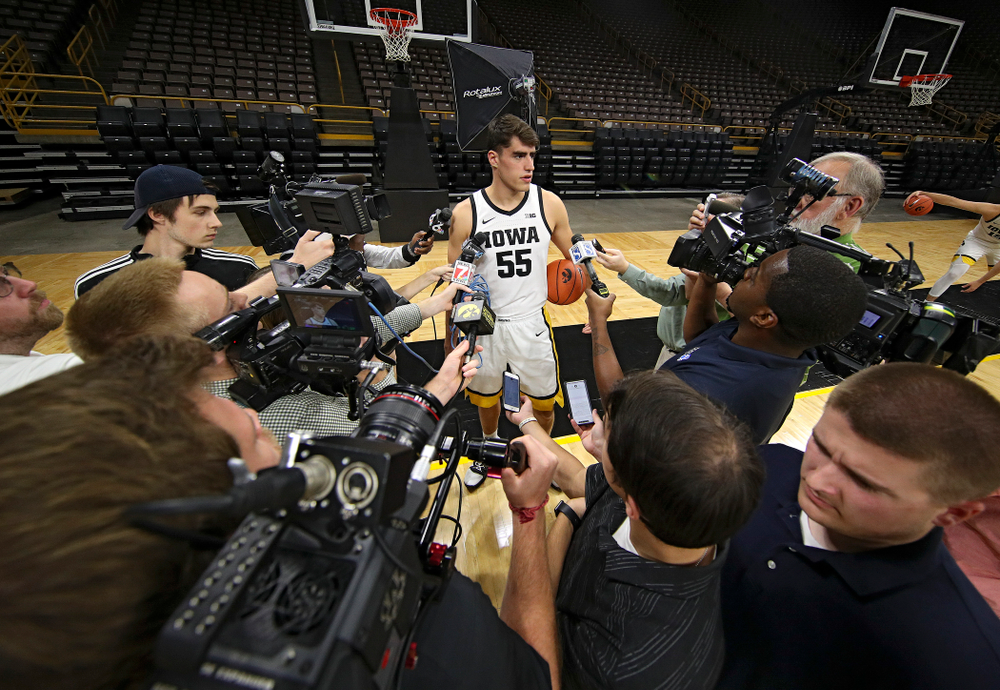 Iowa Hawkeyes forward Luka Garza (55) answers questions during Iowa Men’s Basketball Media Day at Carver-Hawkeye Arena in Iowa City on Wednesday, Oct 9, 2019. (Stephen Mally/hawkeyesports.com)