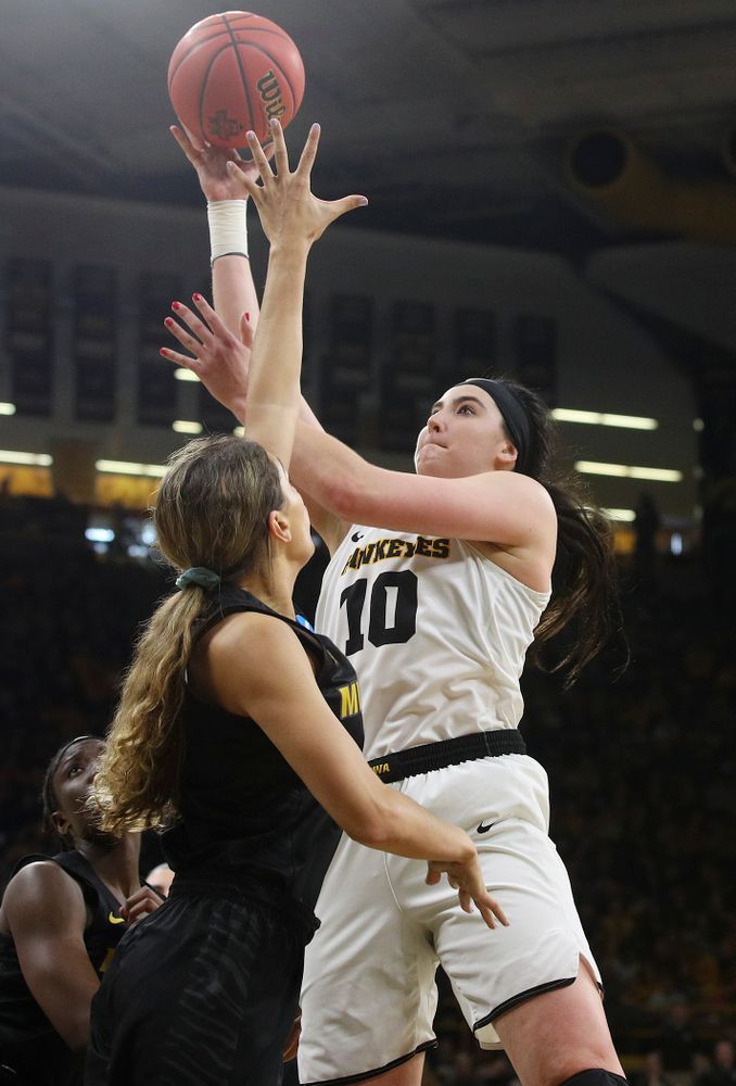 Iowa Hawkeyes center Megan Gustafson (10) scores a basket during the third quarter of their second round game in the 2019 NCAA Women's Basketball Tournament at Carver Hawkeye Arena in Iowa City on Sunday, Mar. 24, 2019. (Stephen Mally for hawkeyesports.com)