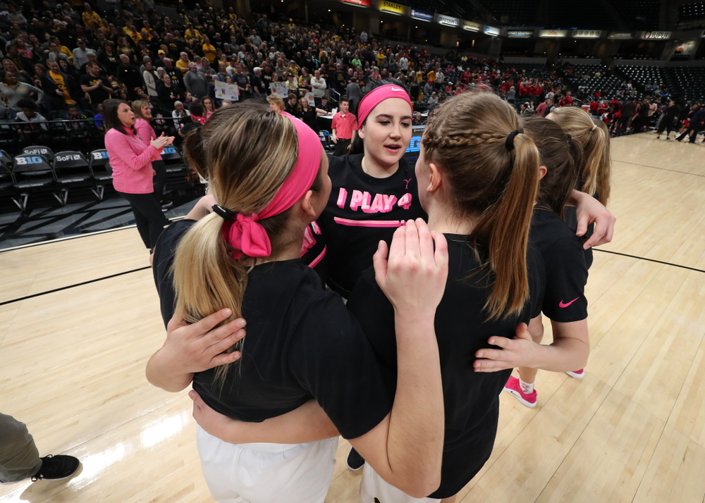 Iowa Hawkeyes forward Megan Gustafson (10) against the Rutgers Scarlet Knights in the semi-finals of the Big Ten Tournament Saturday, March 9, 2019 at Bankers Life Fieldhouse in Indianapolis, Ind. (Brian Ray/hawkeyesports.com)