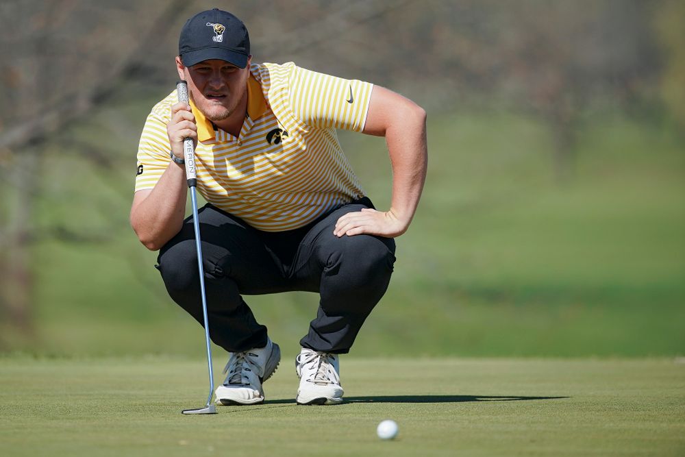 Iowa's Alex Schaake lines up a putt during the third round of the Hawkeye Invitational at Finkbine Golf Course in Iowa City on Sunday, Apr. 21, 2019. (Stephen Mally/hawkeyesports.com)