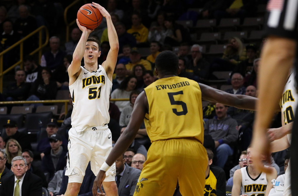 Iowa Hawkeyes forward Nicholas Baer (51) shoots the ball during a game against Alabama State at Carver-Hawkeye Arena on November 21, 2018. (Tork Mason/hawkeyesports.com)