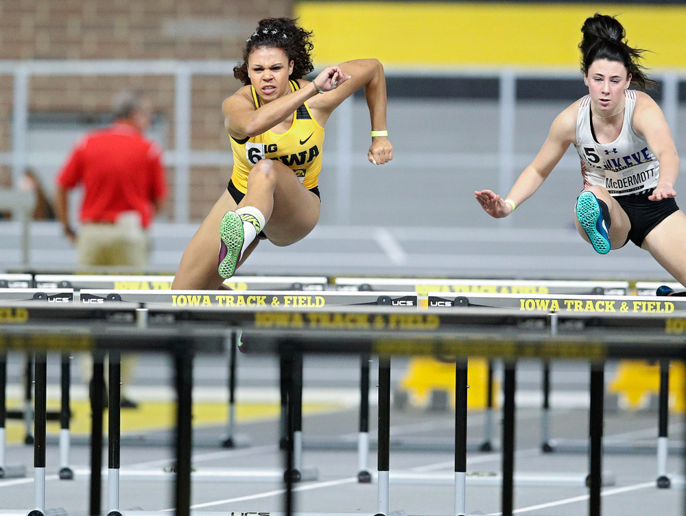 Iowa’s Dallyssa Huggins runs in the women’s 60 meter hurdles prelim event during the Hawkeye Invitational at the Recreation Building in Iowa City on Saturday, January 11, 2020. (Stephen Mally/hawkeyesports.com)