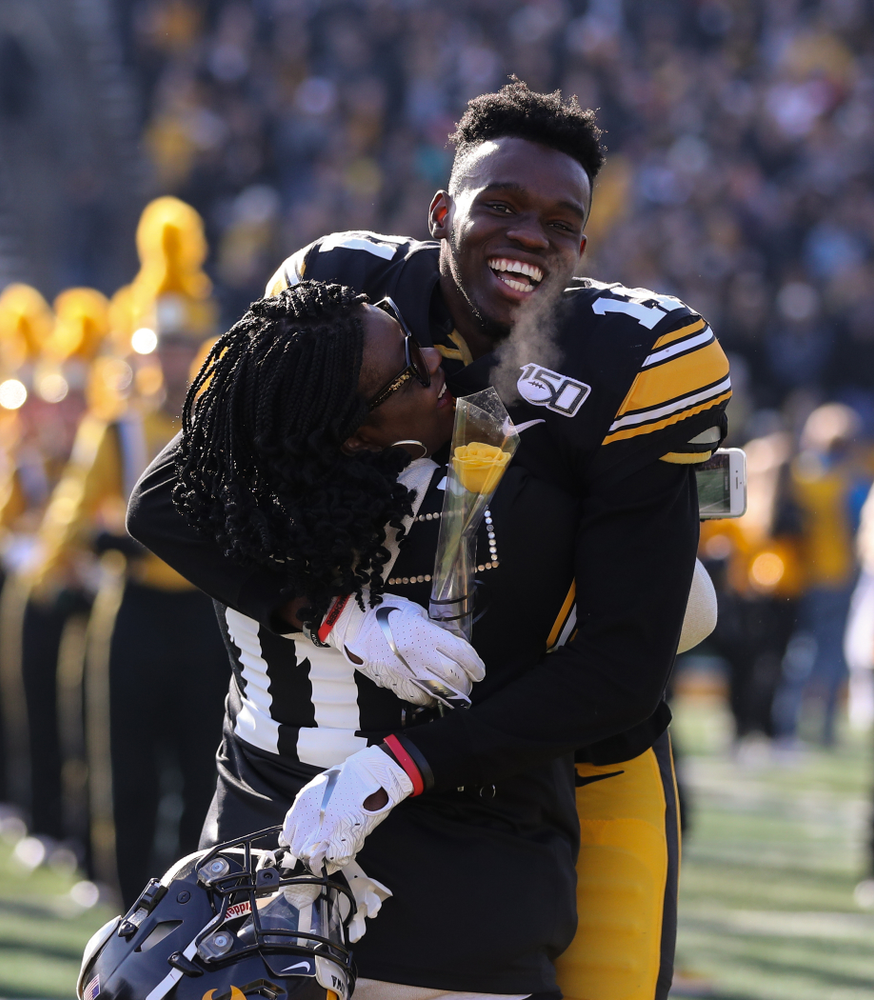 Iowa Hawkeyes defensive back Michael Ojemudia (11) during Senior Day festivities before their game against the Illinois Fighting Illini Saturday, November 23, 2019 at Kinnick Stadium. (Brian Ray/hawkeyesports.com)