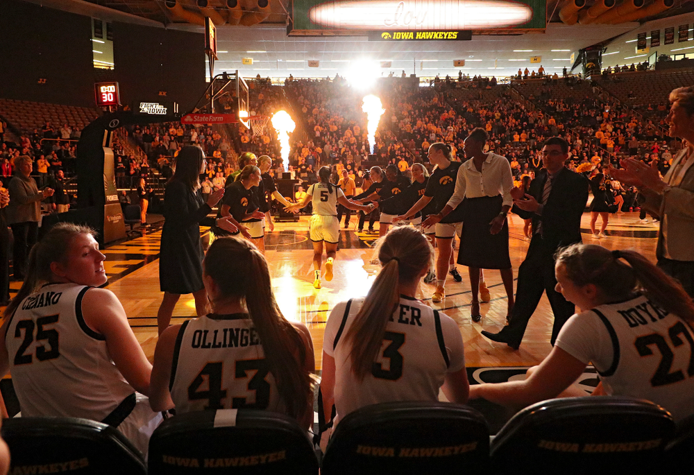 Iowa Hawkeyes guard Alexis Sevillian (5) is introduced before their game at Carver-Hawkeye Arena in Iowa City on Tuesday, December 31, 2019. (Stephen Mally/hawkeyesports.com)