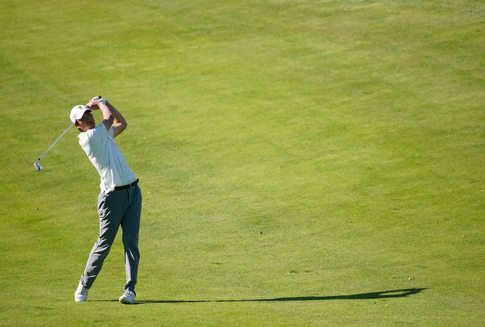 Iowa's Joe Kim hits from the fairway during the second round of the Hawkeye Invitational at Finkbine Golf Course in Iowa City on Saturday, Apr. 20, 2019. (Stephen Mally/hawkeyesports.com)