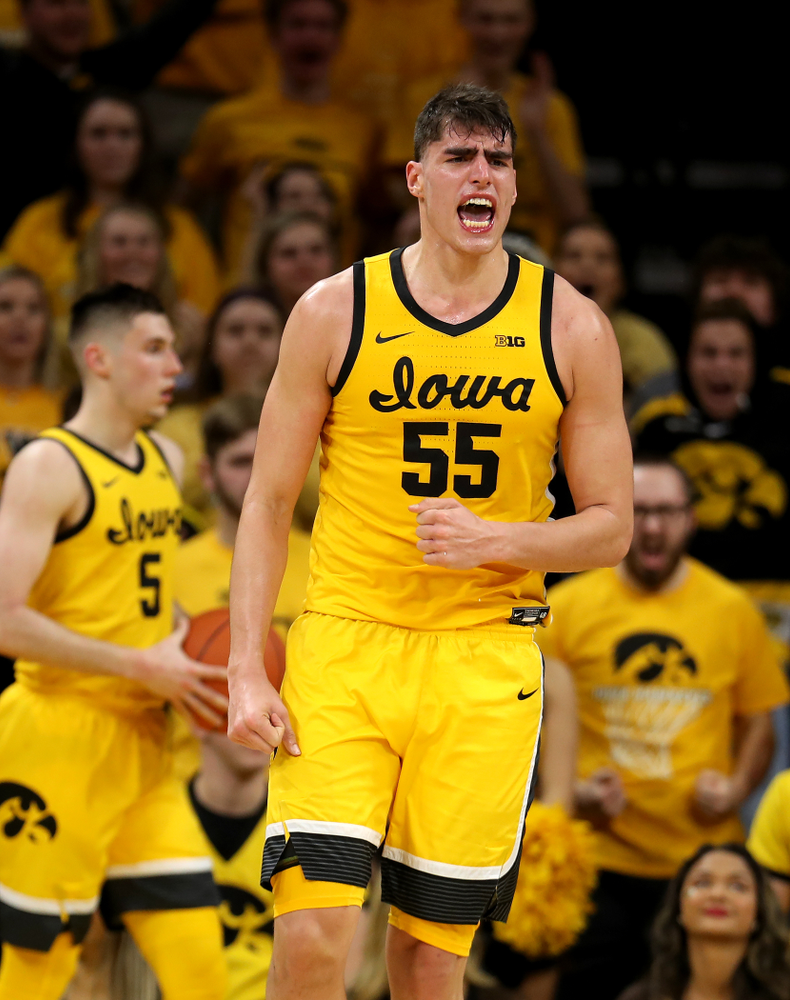 Iowa Hawkeyes forward Luka Garza (55) celebrates late in the game against the Rutgers Scarlet Knights Wednesday, January 22, 2020 at Carver-Hawkeye Arena. (Brian Ray/hawkeyesports.com)