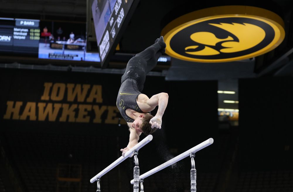 Iowa's Stewart Brown competes on the parallel bars against the Ohio State Buckeyes Saturday, March 16, 2019 at Carver-Hawkeye Arena. (Brian Ray/hawkeyesports.com)