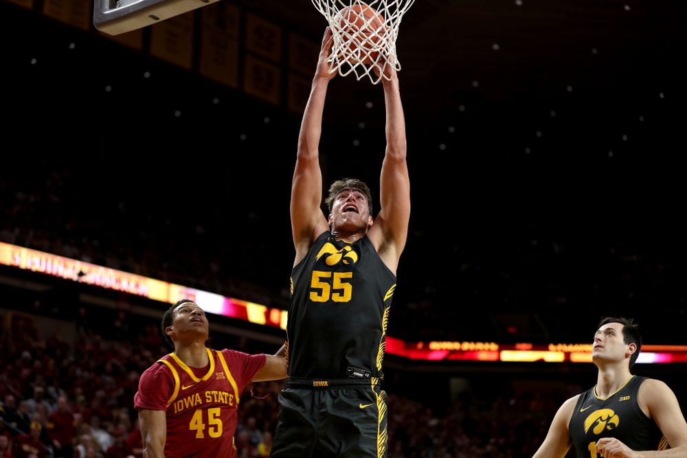 Iowa Hawkeyes forward Luka Garza (55) against the Iowa State Cyclones Thursday, December 12, 2019 at Hilton Coliseum in Ames, Iowa(Brian Ray/hawkeyesports.com)