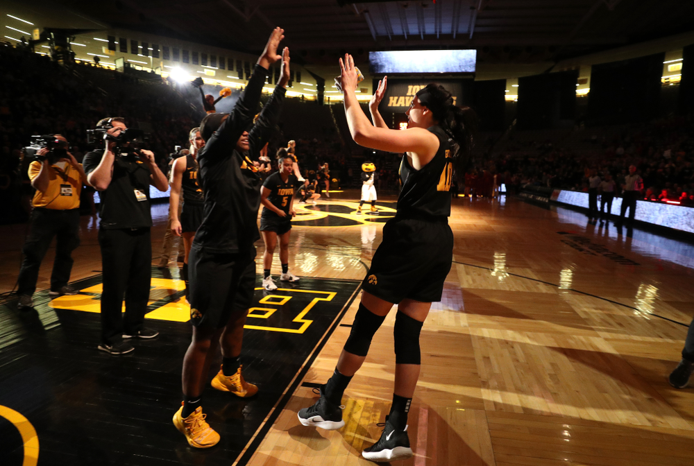 Iowa Hawkeyes forward Megan Gustafson (10) and guard Alexis Sevillian (5) against the Iowa State Cyclones in the Iowa Corn Cy-Hawk Series Wednesday, December 5, 2018 at Carver-Hawkeye Arena. (Brian Ray/hawkeyesports.com)