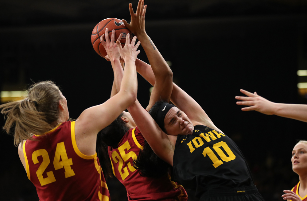 Iowa Hawkeyes forward Megan Gustafson (10) against the Iowa State Cyclones in the Iowa Corn Cy-Hawk Series Wednesday, December 5, 2018 at Carver-Hawkeye Arena. (Brian Ray/hawkeyesports.com)