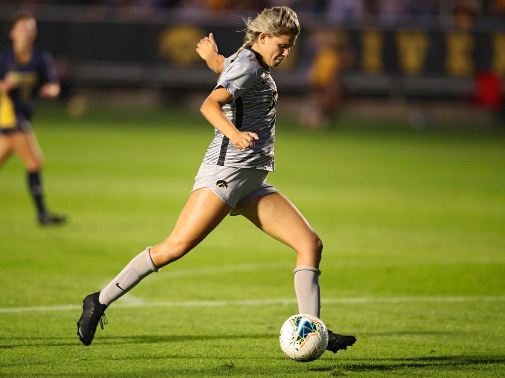 Iowa forward Gianna Gourley (32) lines up a shot during the first half of their match at the Iowa Soccer Complex in Iowa City on Friday, Sep 13, 2019. (Stephen Mally/hawkeyesports.com)