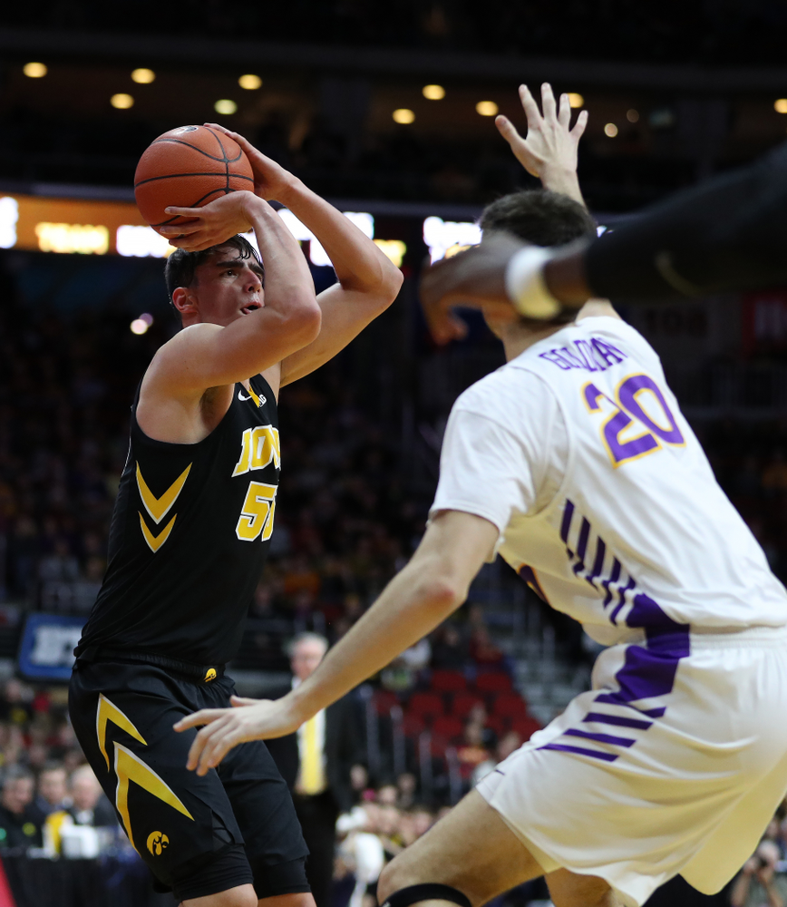 Iowa Hawkeyes forward Luka Garza (55) against the Northern Iowa Panthers in the Hy-Vee Classic Saturday, December 15, 2018 at Wells Fargo Arena in Des Moines. (Brian Ray/hawkeyesports.com)