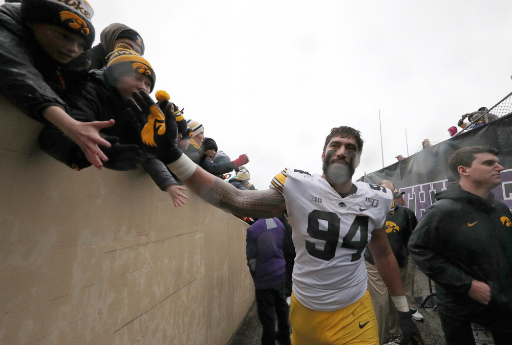 Iowa Hawkeyes defensive end A.J. Epenesa (94) against the Northwestern Wildcats Saturday, October 26, 2019 at Ryan Field in Evanston, Ill. (Brian Ray/hawkeyesports.com)