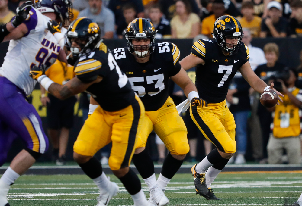 Iowa Hawkeyes punter Colten Rastetter (7) punts the ball during a game against Northern Iowa at Kinnick Stadium on September 15, 2018. (Tork Mason/hawkeyesports.com)