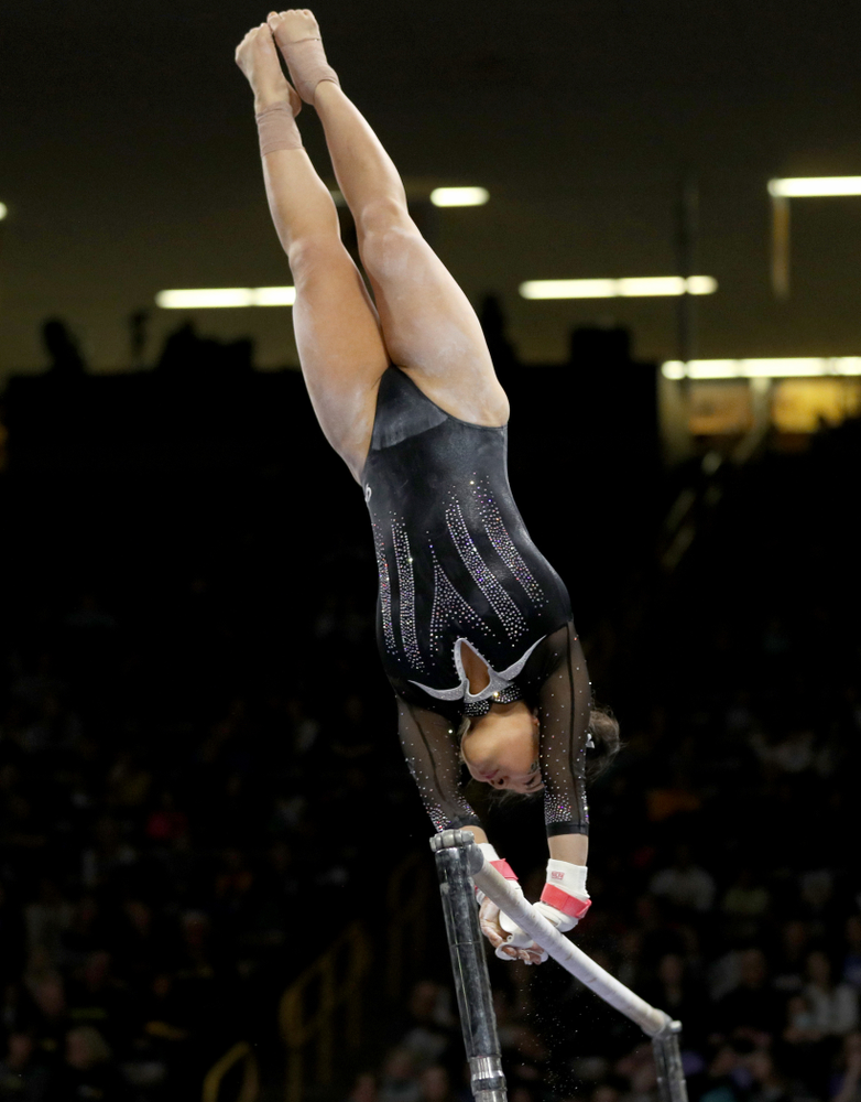 Iowa’s Clair Kaji competes on the bars against Michigan State Saturday, February 1, 2020 at Carver-Hawkeye Arena. (Brian Ray/hawkeyesports.com)