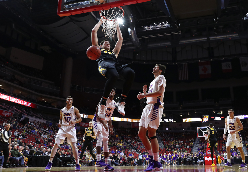 Iowa Hawkeyes forward Ryan Kriener (15) against the Northern Iowa Panthers in the Hy-Vee Classic Saturday, December 15, 2018 at Wells Fargo Arena in Des Moines. (Brian Ray/hawkeyesports.com)