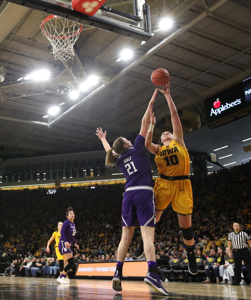 Iowa Hawkeyes forward Megan Gustafson (10) against the Northwestern Wildcats Sunday, March 3, 2019 at Carver-Hawkeye Arena. (Brian Ray/hawkeyesports.com)