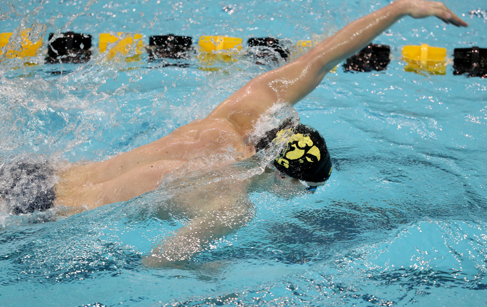IowaÕs Joe Myhre swims the freestyle leg of the 200 Medley Relay against Notre Dame and Illinois Saturday, January 11, 2020 at the Campus Recreation and Wellness Center. (Brian Ray/hawkeyesports.com)