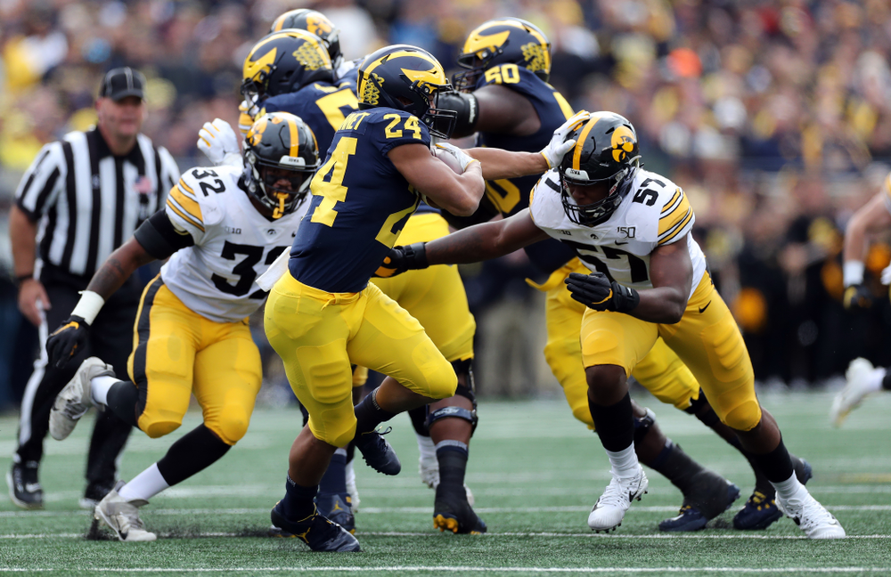 Iowa Hawkeyes defensive end Chauncey Golston (57) against the Michigan Wolverines Saturday, October 5, 2019 at Michigan Stadium in Ann Arbor, MI. (Brian Ray/hawkeyesports.com)