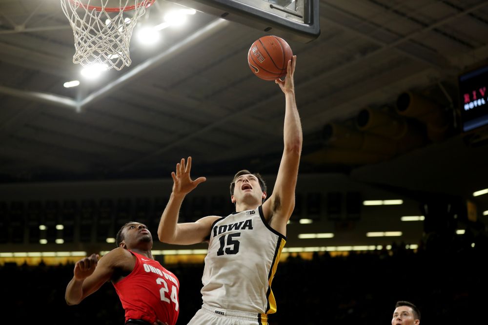 Iowa Hawkeyes forward Ryan Kriener (15) against the Ohio State Buckeyes Thursday, February 20, 2020 at Carver-Hawkeye Arena. (Brian Ray/hawkeyesports.com)