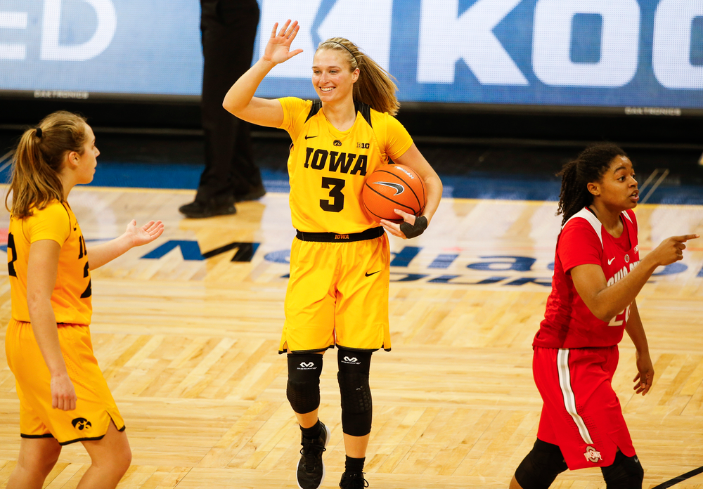 Iowa Hawkeyes guard Makenzie Meyer (3) reacts after being fouled during a game against the Ohio State Buckeyes at Carver-Hawkeye Arena on January 25, 2018. (Tork Mason/hawkeyesports.com)