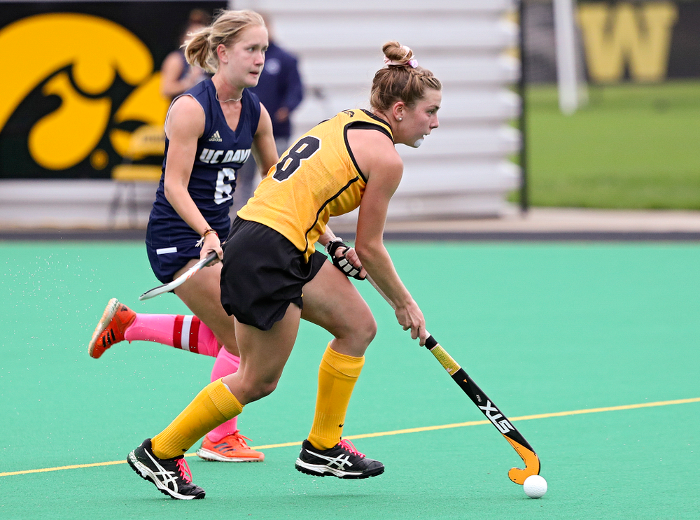 Iowa’s Nikki Freeman (8) moves with the ball during the second quarter of their game against UC Davis at Grant Field in Iowa City on Sunday, Oct 6, 2019. (Stephen Mally/hawkeyesports.com)