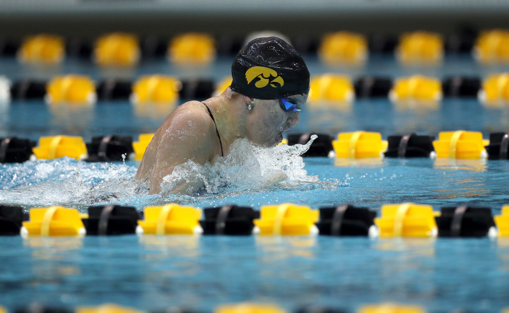 IowaÕs Sage Ohlensehlen swims the 200 yard breaststroke against the Michigan Wolverines Friday, November 1, 2019 at the Campus Recreation and Wellness Center. (Brian Ray/hawkeyesports.com)