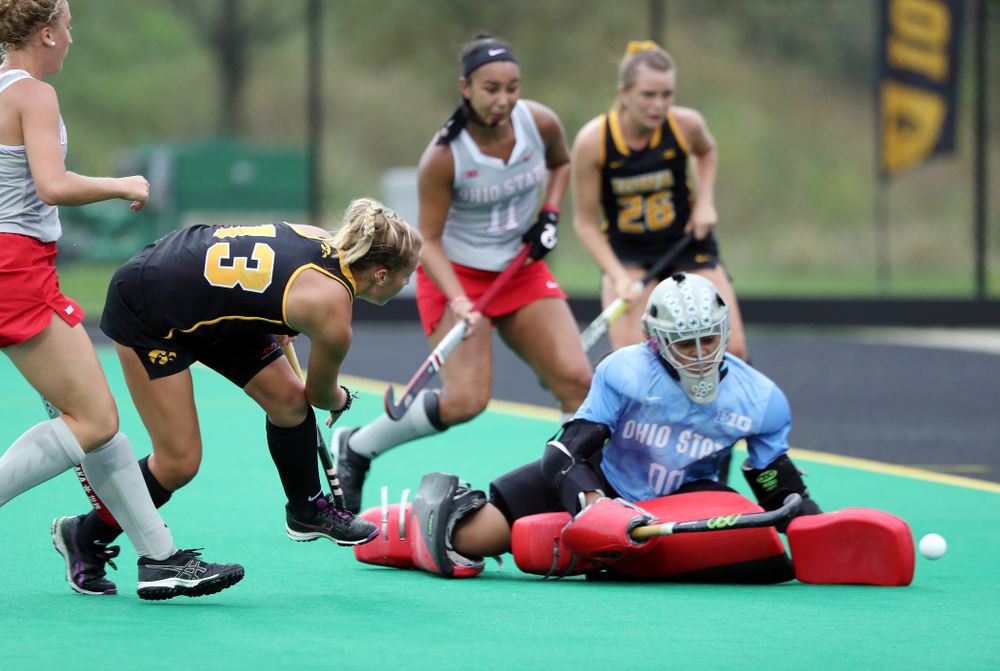 Iowa Hawkeyes forward Leah Zellner (13) scores her second goal during a 2-1 victory against the Ohio State Buckeyes Friday, September 27, 2019 at Grant Field. (Brian Ray/hawkeyesports.com)