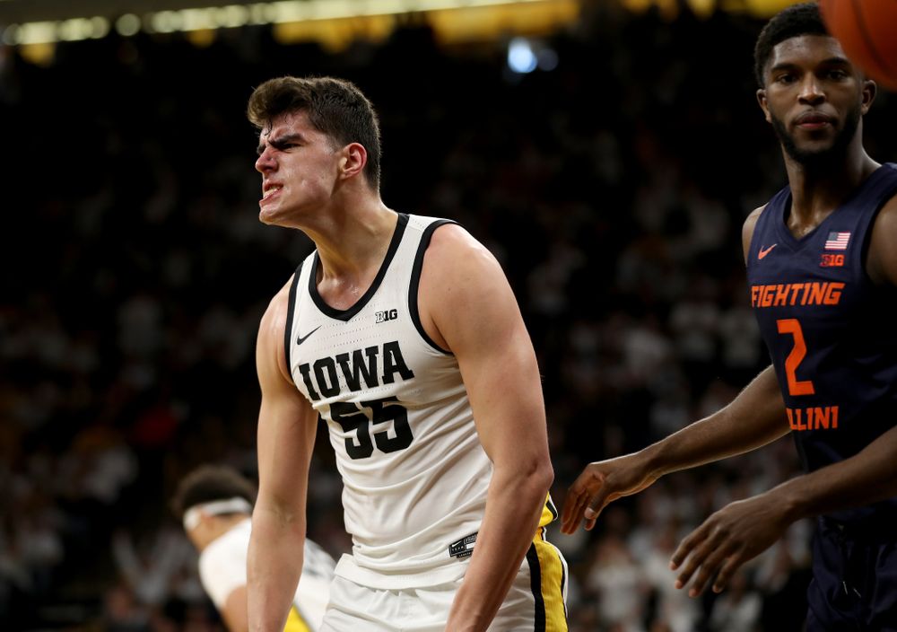 Iowa Hawkeyes forward Luka Garza (55) celebrates after making a basket against the Illinois Fighting Illini Sunday, February 2, 2020 at Carver-Hawkeye Arena. (Brian Ray/hawkeyesports.com)