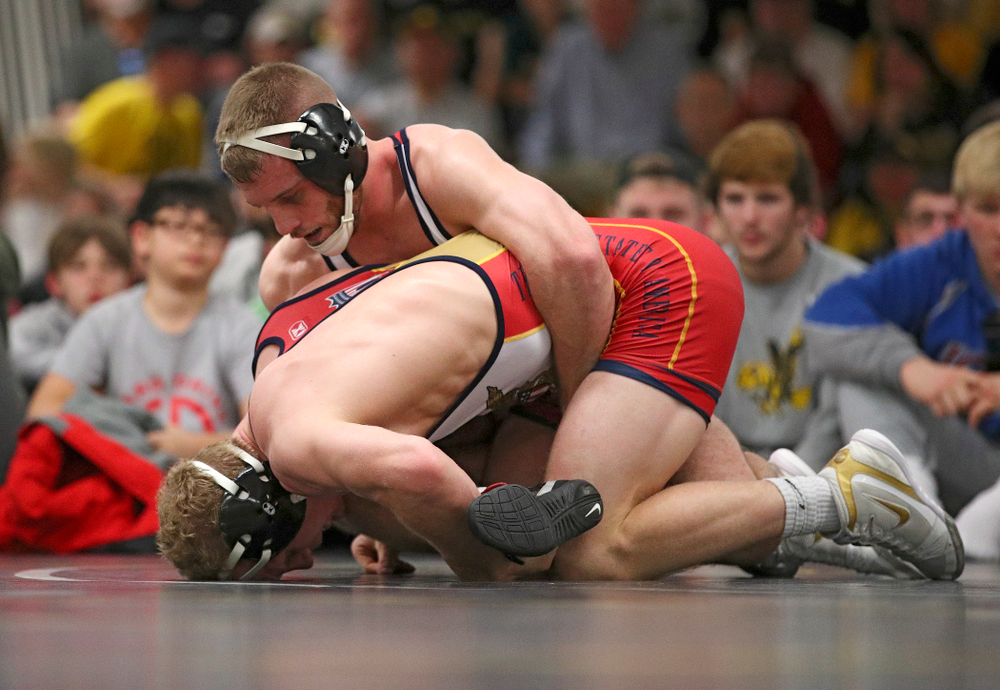 Iowa’s Zach Axmear (top) works on top of Kaleb Young during their preseason match at the Dan Gable Wrestling Complex at Carver-Hawkeye Arena in Iowa City on Friday, Nov 8, 2019. (Stephen Mally/hawkeyesports.com)
