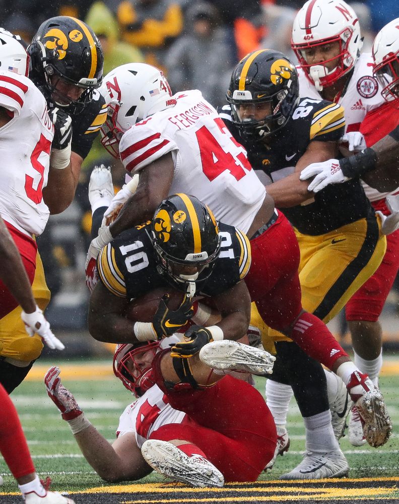 Iowa Hawkeyes running back Mekhi Sargent (10) runs the ball during a game against Nebraska at Kinnick Stadium on November 23, 2018. (Tork Mason/hawkeyesports.com)