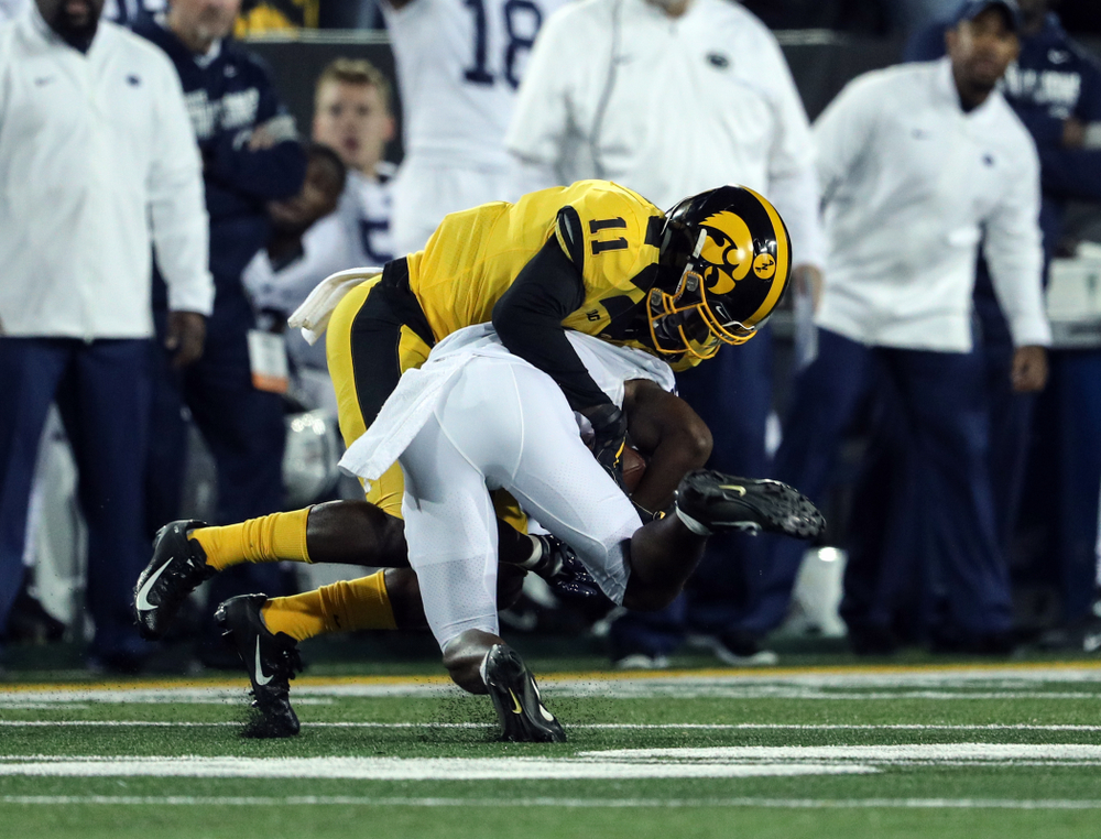 Iowa Hawkeyes defensive back Michael Ojemudia (11) against the Penn State Nittany Lions Saturday, October 12, 2019 at Kinnick Stadium. (Brian Ray/hawkeyesports.com)