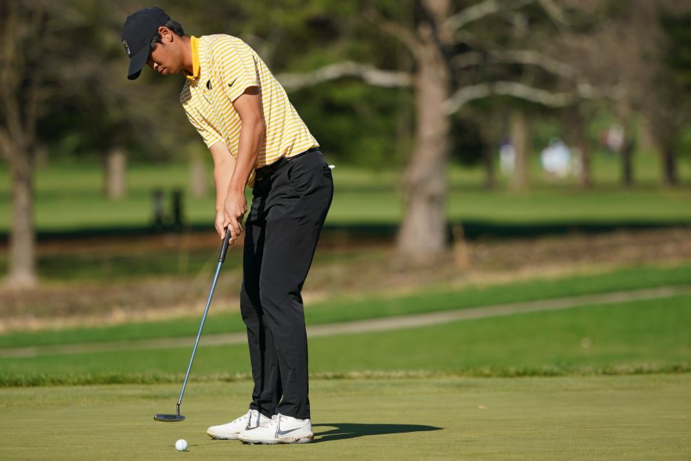 Iowa's Joe Kim putts during the third round of the Hawkeye Invitational at Finkbine Golf Course in Iowa City on Sunday, Apr. 21, 2019. (Stephen Mally/hawkeyesports.com)