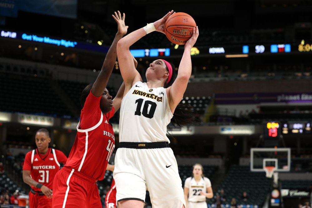 Iowa Hawkeyes forward Megan Gustafson (10) against the Rutgers Scarlet Knights in the semi-finals of the Big Ten Tournament Saturday, March 9, 2019 at Bankers Life Fieldhouse in Indianapolis, Ind. (Brian Ray/hawkeyesports.com)