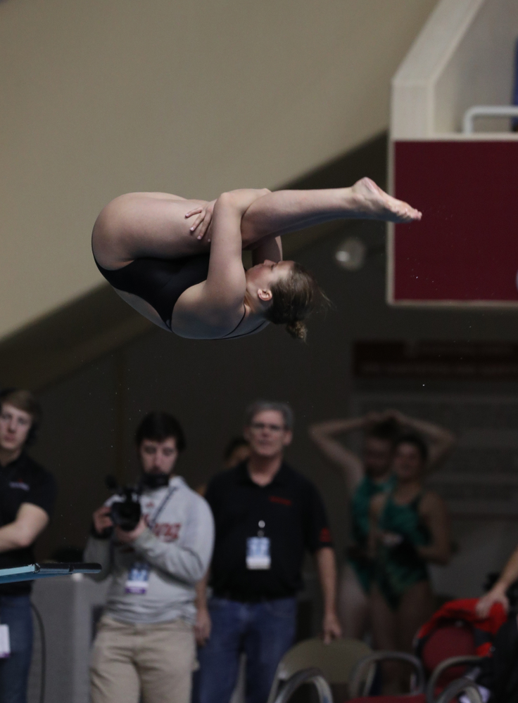 Iowa's Claire Park competes on the 1-meter springboard during the 2019 Women's Big Ten Swimming and Diving meet Thursday, February 21, 2019 in Bloomington, Indiana. (Brian Ray/hawkeyesports.com)