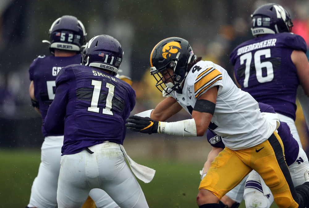Iowa Hawkeyes defensive back Dane Belton (4) against the Northwestern Wildcats Saturday, October 26, 2019 at Ryan Field in Evanston, Ill. (Brian Ray/hawkeyesports.com)