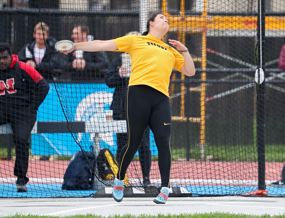 Iowa's Konstadina Spanoudakis throws in the women’s discus event on the third day of the Big Ten Outdoor Track and Field Championships at Francis X. Cretzmeyer Track in Iowa City on Sunday, May. 12, 2019. (Stephen Mally/hawkeyesports.com)