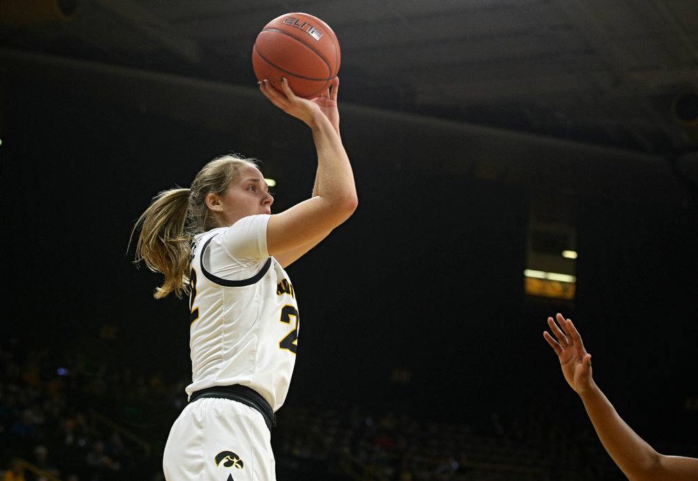 Iowa Hawkeyes guard Kathleen Doyle (22) makes a basket during the first quarter of the game at Carver-Hawkeye Arena in Iowa City on Thursday, February 6, 2020. (Stephen Mally/hawkeyesports.com)