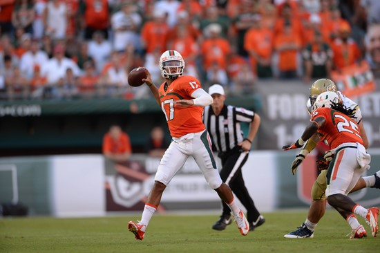 University of Miami Hurricanes quarterback Stephen Morris #17 completed 12 of 25 passes for 162 yards and 2 touchdowns in a game against the Georgia...