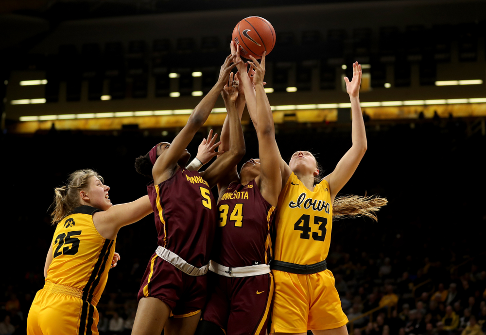 Iowa Hawkeyes forward Amanda Ollinger (43) against the Minnesota Golden Gophers Thursday, February 27, 2020 at Carver-Hawkeye Arena. (Brian Ray/hawkeyesports.com)