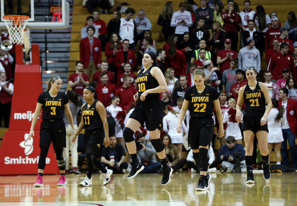 Iowa Hawkeyes guard Makenzie Meyer (3), guard Tania Davis (11), forward Megan Gustafson (10), guard Kathleen Doyle (22), forward Hannah Stewart (21) against the Indiana Hoosiers Thursday, February 21, 2019 at Simon Skjodt Assembly Hall. (Brian Ray/hawkeyesports.com)