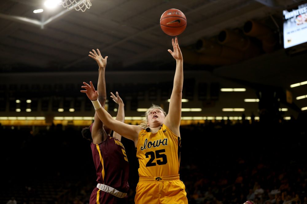 Iowa Hawkeyes forward/center Monika Czinano (25) against the Minnesota Golden Gophers Thursday, February 27, 2020 at Carver-Hawkeye Arena. (Brian Ray/hawkeyesports.com)