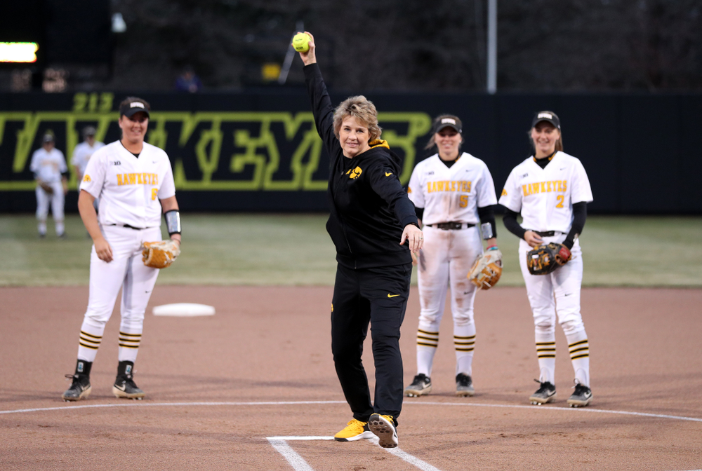 Iowa Women's Basketball Head Coach Lisa Bluder throws out a first pitch before the Iowa Hawkeyes game against Western Illinois Wednesday, March 27, 2019 at Pearl Field. (Brian Ray/hawkeyesports.com)