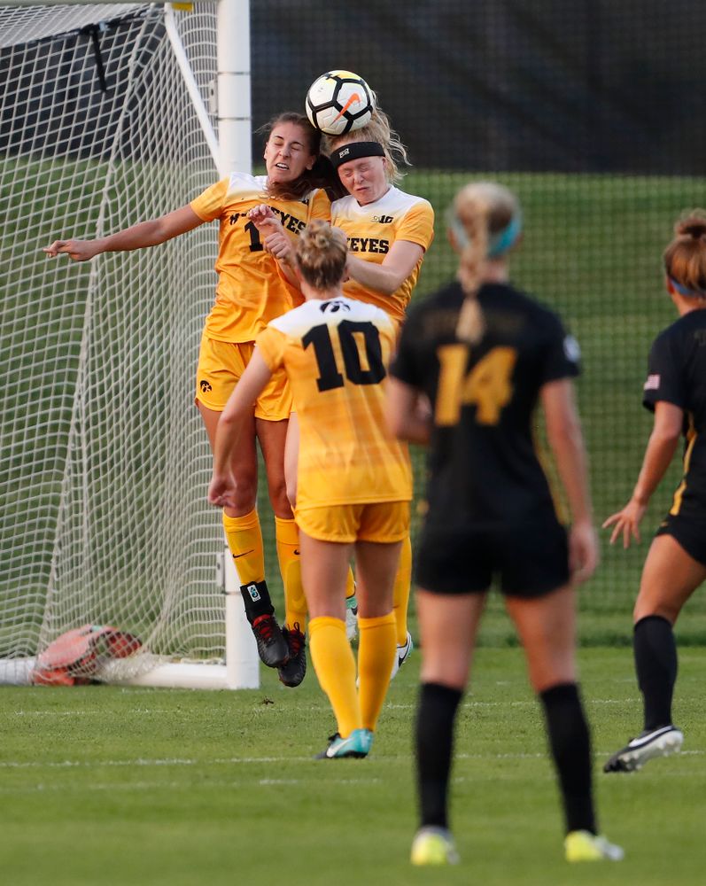 Iowa Hawkeyes Hannah Drkulec (17) and Morgan Kemmerling (3) against the Missouri Tigers Friday, August 17, 2018 at the Iowa Soccer Complex. (Brian Ray/hawkeyesports.com)