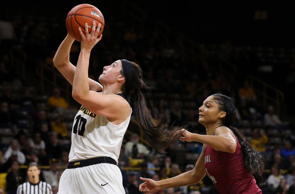 Iowa Hawkeyes forward Megan Gustafson (10) goes up for a shot during a game against North Carolina Central at Carver-Hawkeye Arena on November 17, 2018. (Tork Mason/hawkeyesports.com)