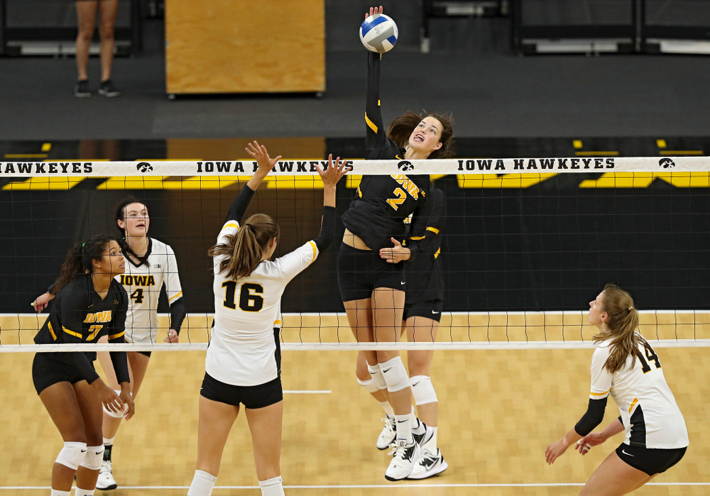 Iowa’s Courtney Buzzerio (2) during the first set of the Black and Gold scrimmage at Carver-Hawkeye Arena in Iowa City on Saturday, Aug 24, 2019. (Stephen Mally/hawkeyesports.com)
