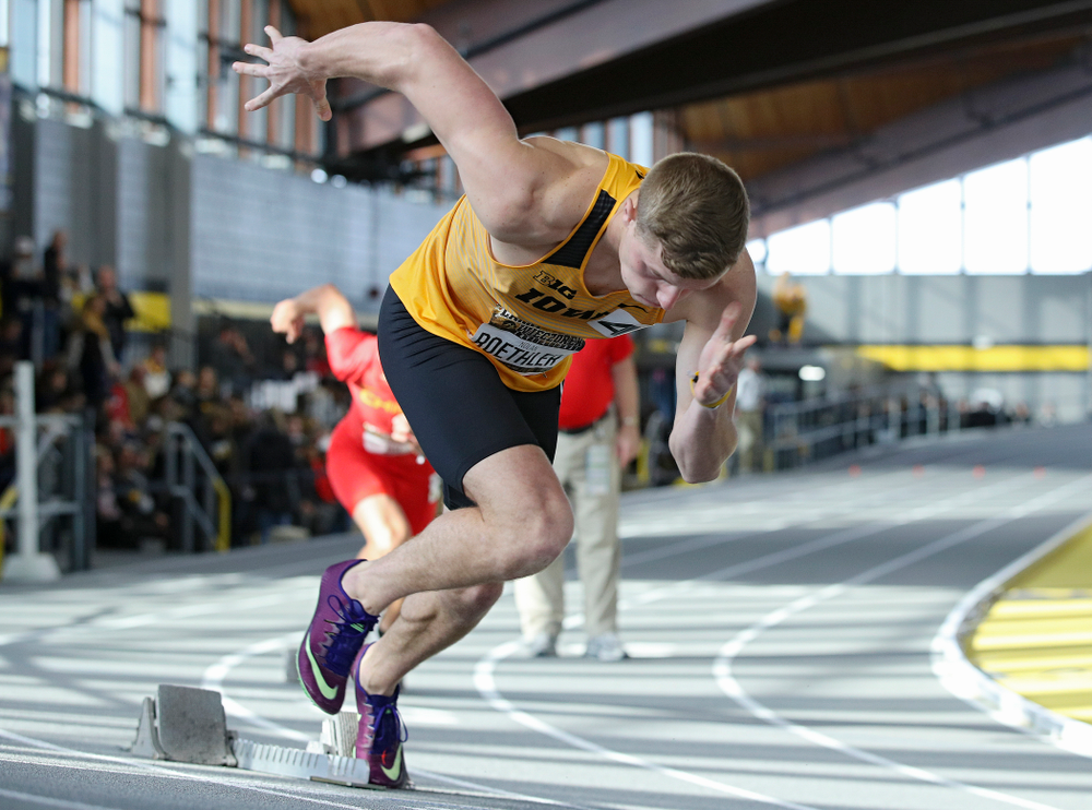 Iowa’s Nolan Roethler runs the men’s 400 meter dash event during the Larry Wieczorek Invitational at the Recreation Building in Iowa City on Saturday, January 18, 2020. (Stephen Mally/hawkeyesports.com)