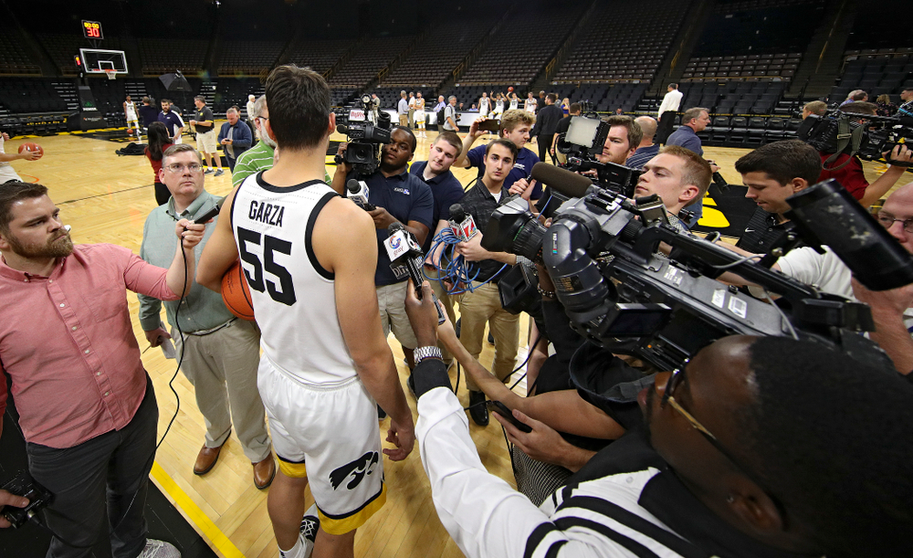 Iowa Hawkeyes forward Luka Garza (55) answers questions during Iowa Men’s Basketball Media Day at Carver-Hawkeye Arena in Iowa City on Wednesday, Oct 9, 2019. (Stephen Mally/hawkeyesports.com)
